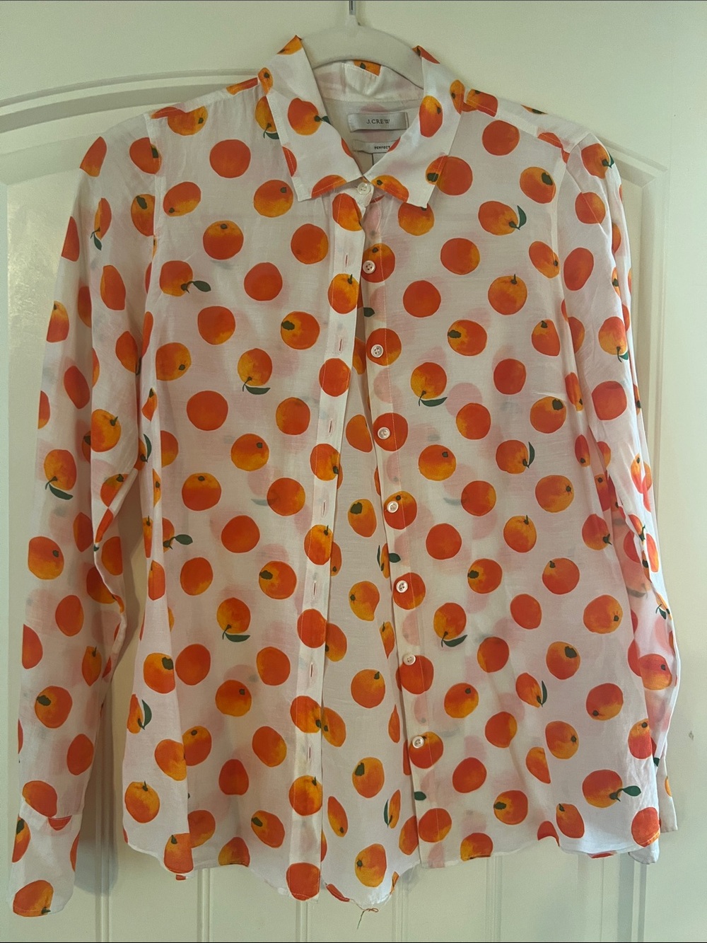 J Crew women’s Sheer Button-Up Shirt with Orange Fruit Print, size 4